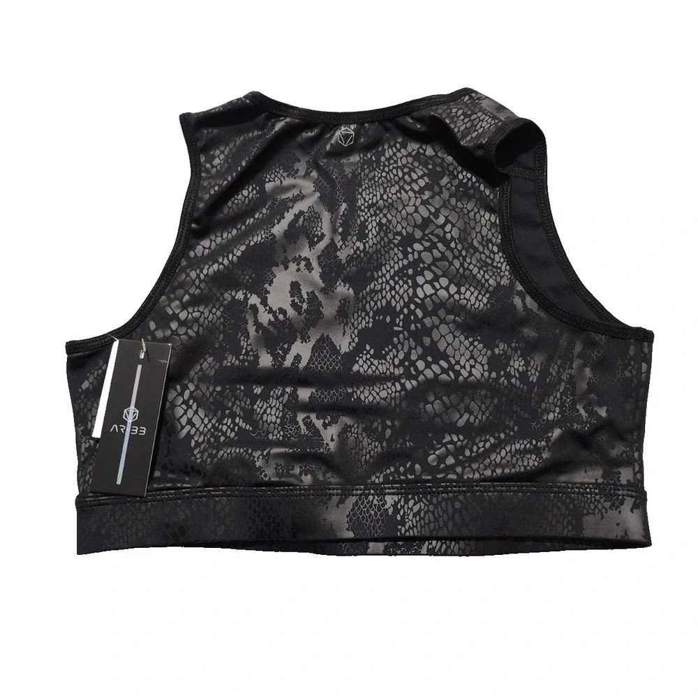 AR-33 Snakeskin Printed Crop Sports Bra Black‎